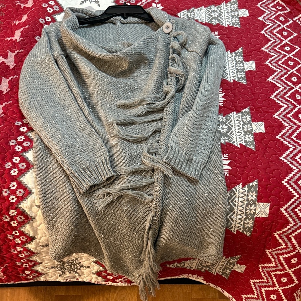 Elegant Gray Cowl Neck Sweater with Fringe